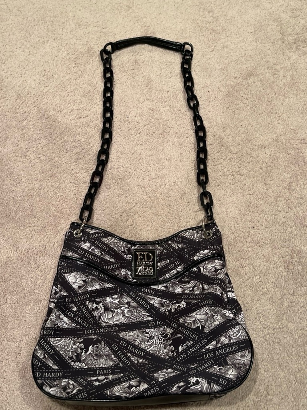 Ed Hardy Black & White Logo Chain Strap Shoulder Bag